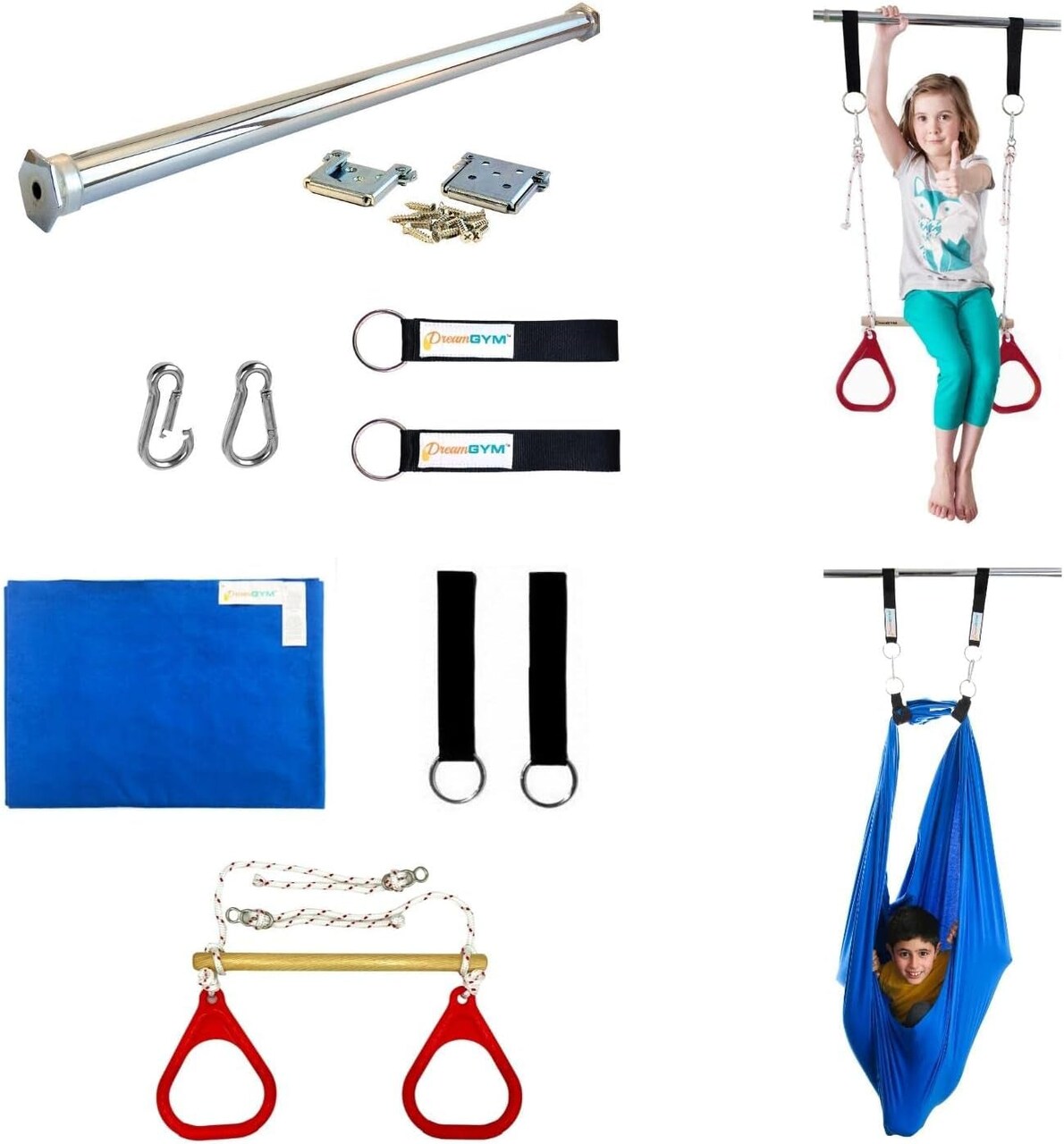 Doorway Sensory Swing Kit - Blue Compression Swing and Trapeze Bar with Red Gym Rings Combo